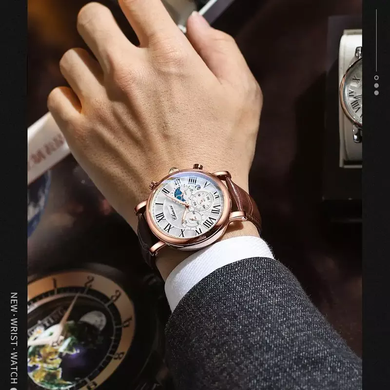 Часы мужские кварцевые Многофункциональные с хронографом, люксовые деловые Брендовые повседневные наручные в ретро стиле, с ремешком из натуральной кожи, подарок для мужчин