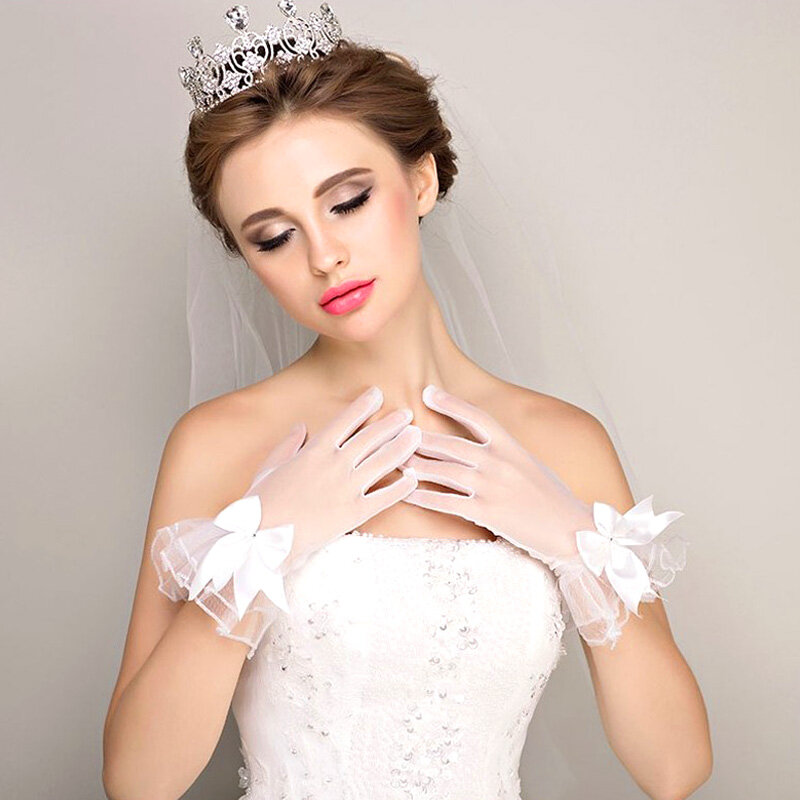 Weiße Schleife Spitze Mesh Handschuhe für Brautkleid Accessoires Frauen Hochzeits feier Prom Cosplay Handschuhe elegant