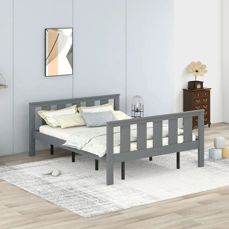 Lit plateforme en bois, cadre de lit Queen Size, planche de sauna et pied de lit, gris