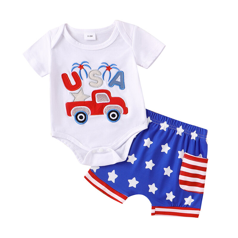 Anak laki-laki set celana pendek 4 Juli, baju monyet bordir Mobil huruf lengan pendek motif garis Bintang