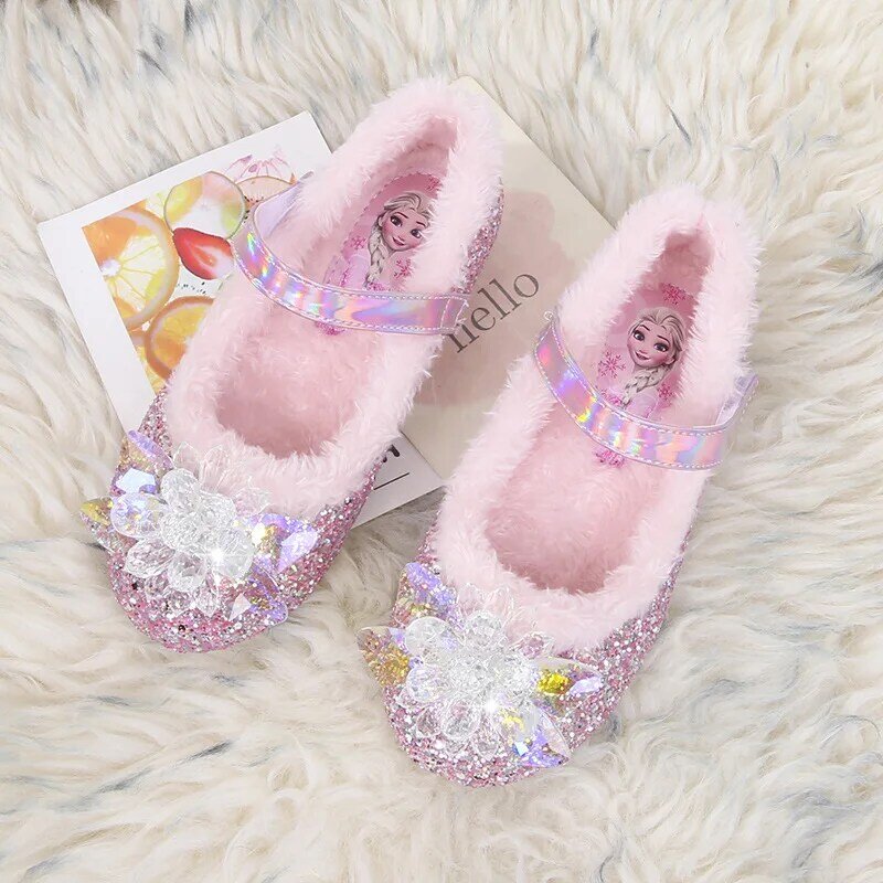 Disney Princess Crystal Shoes Girls Single Shoes Frozen Elsa Sophia Rhinestones Shoes Performance Party Pink Shoes Size 22-36