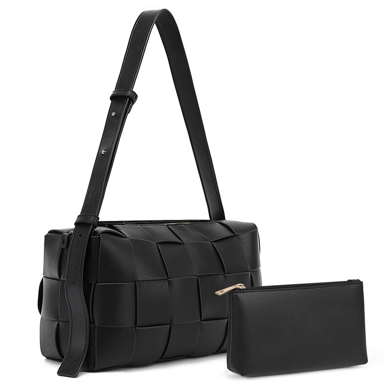 Set tas wanita kulit persegi, tas bahu rajut wanita, tas tangan kapasitas besar, tas selempang mewah dengan dompet