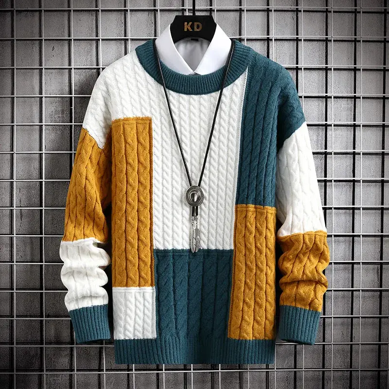 Suéter de malha Harajuku masculino, streetwear hip-hop, pulôver combinando cores, suéteres com o pescoço casual extragrande, moda vintage