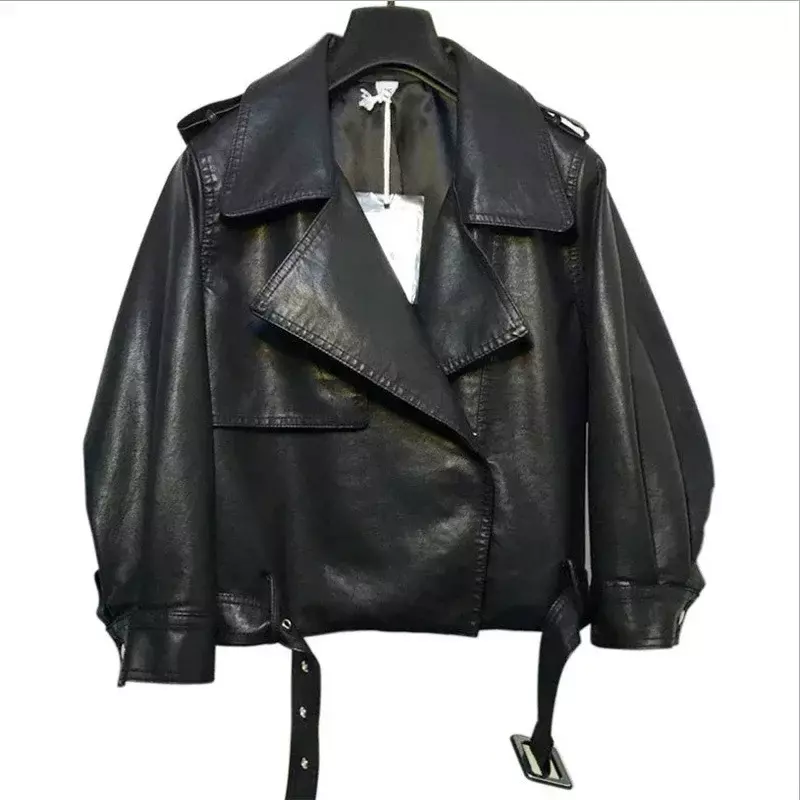 Куртка женская из ПУ кожи, свободная короткая мотоциклетная уличная одежда с длинным рукавом, черная, на весну