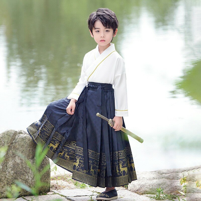 레트로 키즈 한푸 말얼굴 스커트 세트, 현대 우아한 중국 전통, 동양 소년 코스튬 패션, 댄스 의상 코스프레