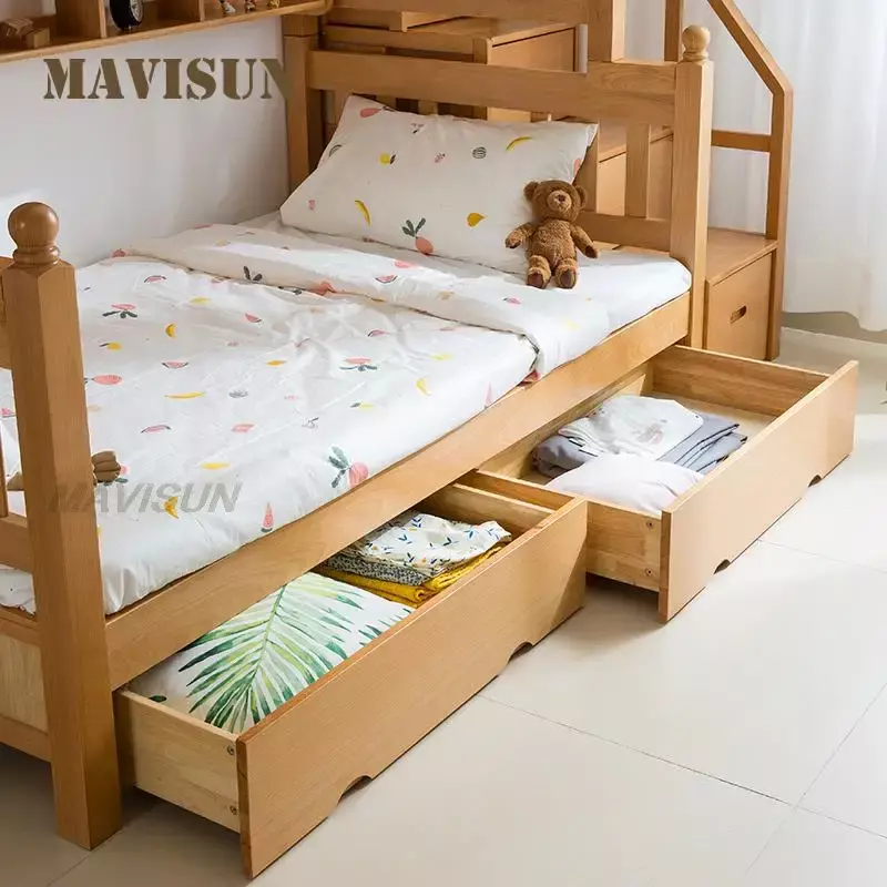 bed Cute Pattern Simple Style Beech Solid Wood Two-Story Children's Bunk  Girl Liked Multifunctional Storage Nordic Child