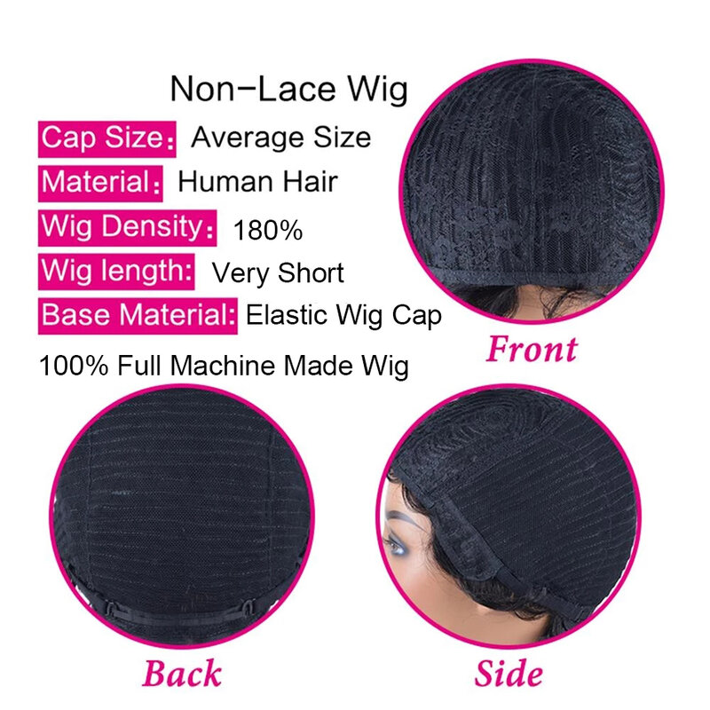Pelucas cortas Afro rizadas para mujeres, cabello humano malayo Remy, 180% de densidad, sin pegamento, hechas a máquina