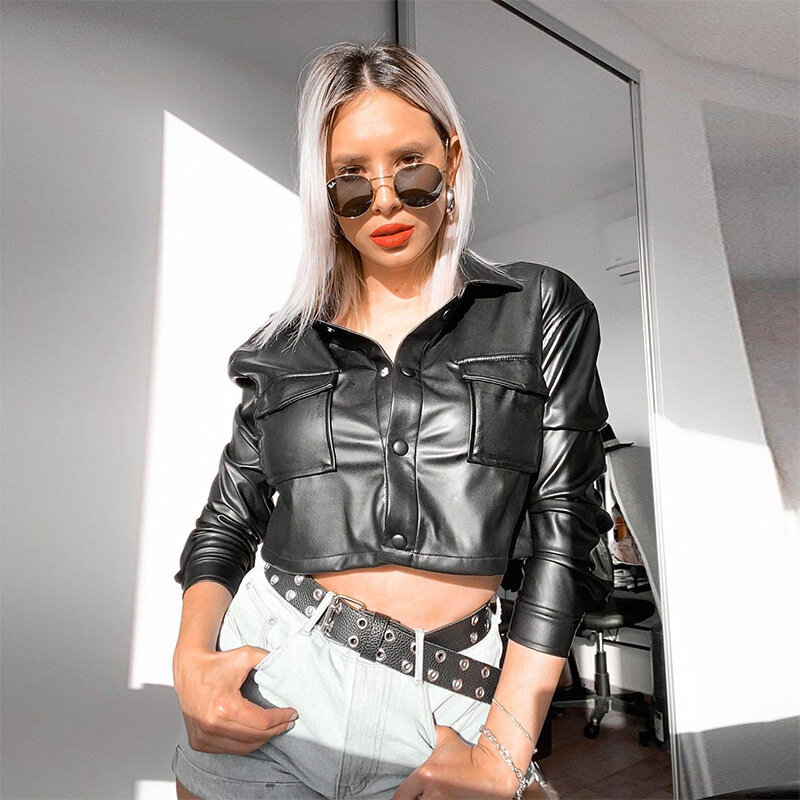 Women's New Leather Jacket Crop Top White Leather Jacket Women Black Top