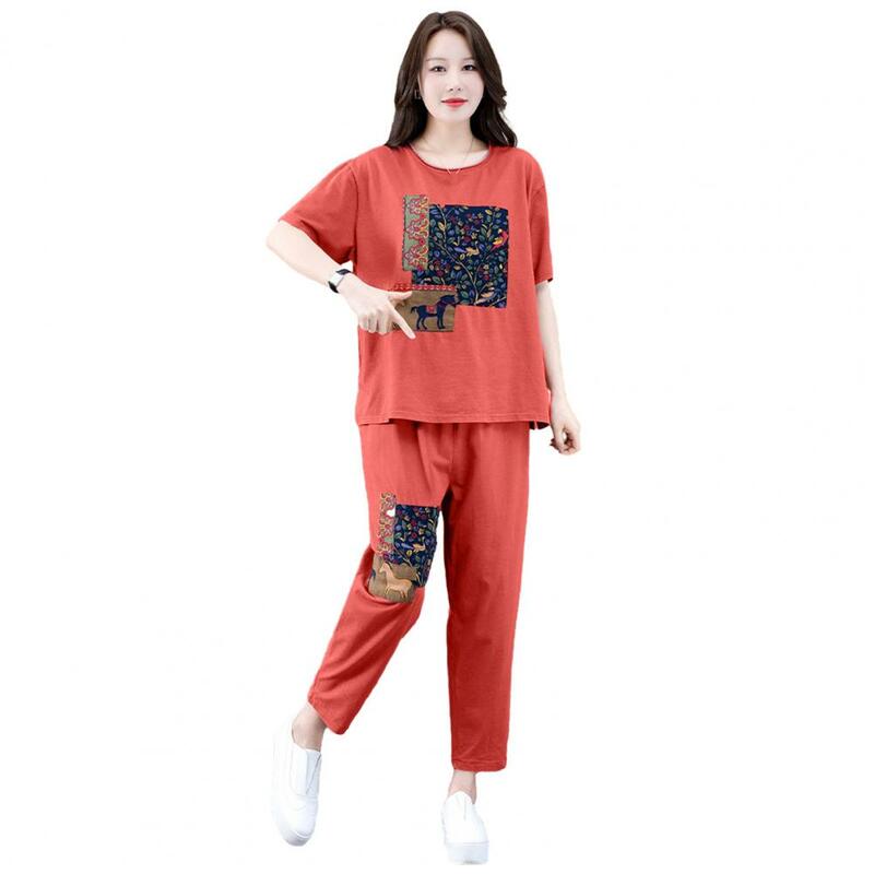 Leisure Tracksuit Comfortable Retro Print Top Cropped Pants Set Elastic Waistband Quick Drying Casual Outfit Daily Garment