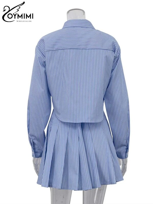 Oymimi eleganti Set di stampa a righe blu per le donne 2 pezzi moda manica lunga bottone Crop top e gonne a pieghe a vita alta Set