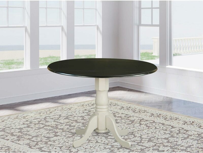 Dining Table - Round solid wood top with drop and pedestal base, 42x42 inches, black and linen white