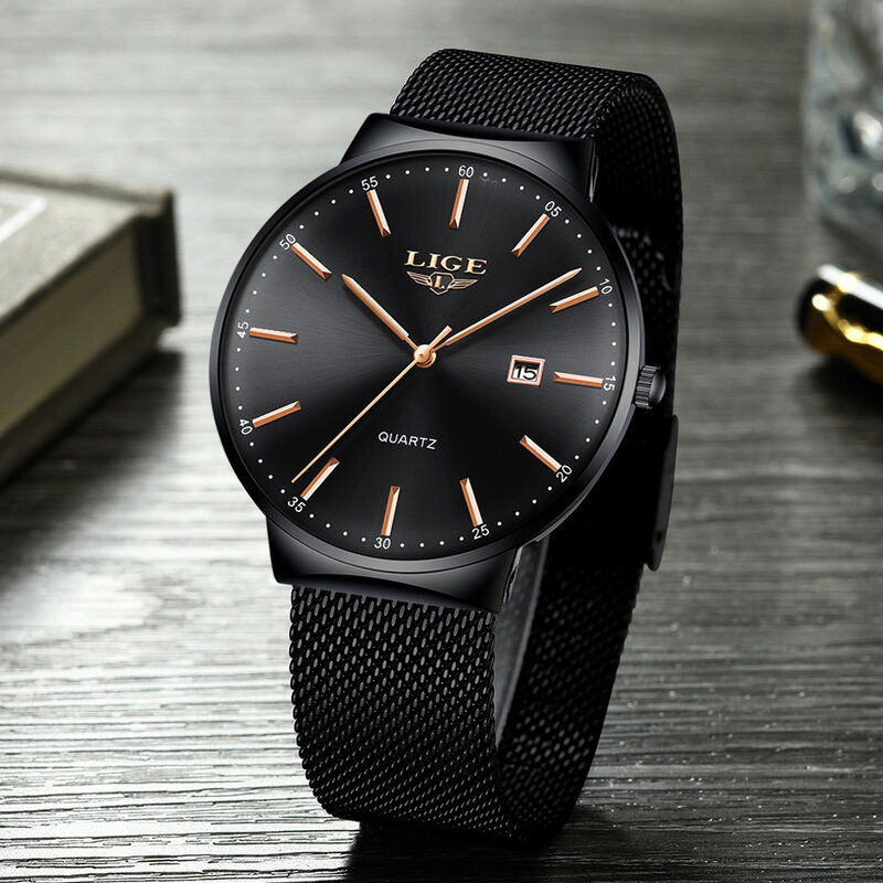 LIGE-남성용 패션 울트라 씬 시계, 남성용 방수 날짜 표시 쿼츠 손목시계, 비즈니스 남성 시계