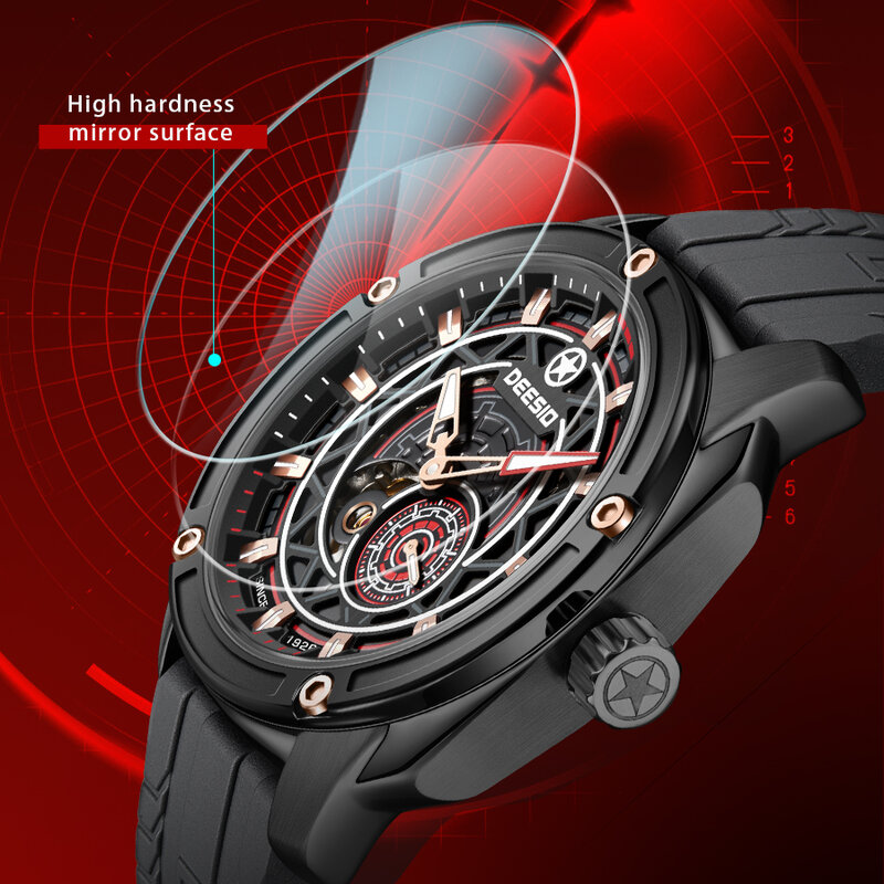 Deesio 2024 Original Luxury Sport Fashion Automatic Mechanical GMT Watch Pointer Display Waterproof Luminous Hollow For Men Gift