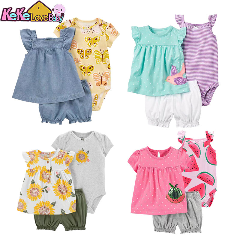 Conjunto de roupas de verão para bebês, moda flor de algodão, roupas infantis, bodysuit manga curta, calções infantis, 6-24 meses, 3 peças