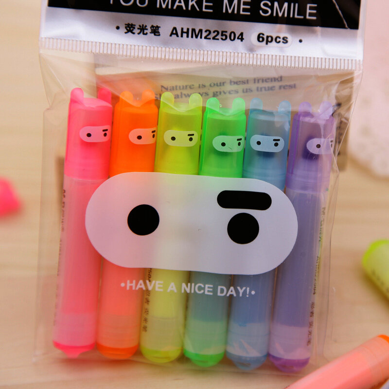 6PCS/Set Rabbit Mini Fluorescent Highlighter Pen Kawaii Chalk Marker Pens  Stationery Material Escolar Papelaria  School Supplie