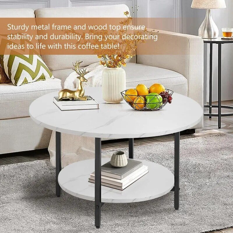 TOYSINTHEBOX meja kopi bulat, aksen, meja Sofa meja teh dengan penyimpanan 2 tingkat untuk ruang tamu, meja kantor, balkon