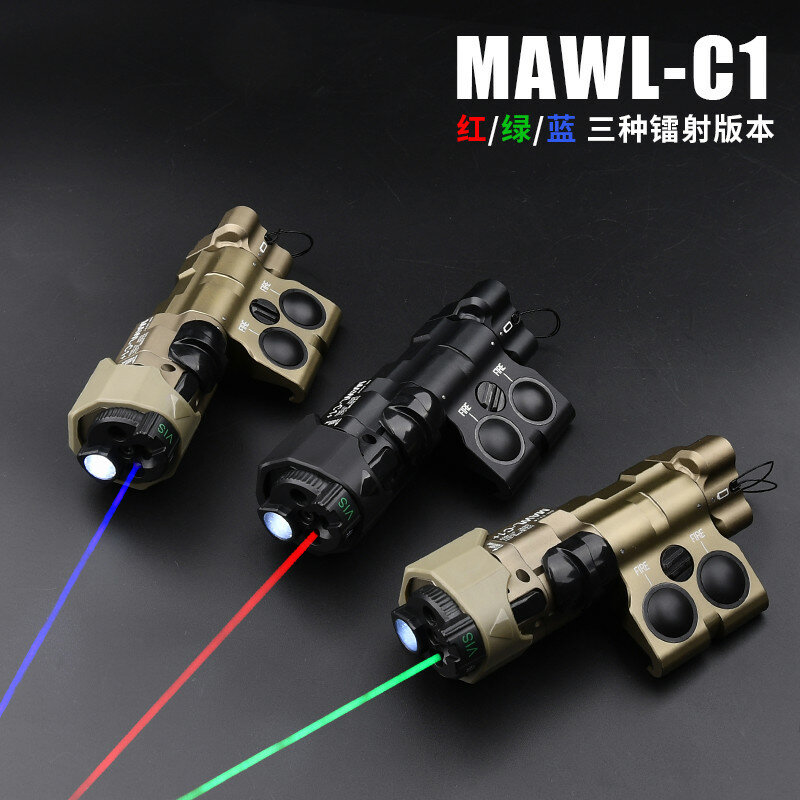 MAWL-C1 Laser taktis baru ditingkatkan, Airsoft semua logam CNC LED MAWL pembidikan merah hijau biru IR penerangan fungsi ganda