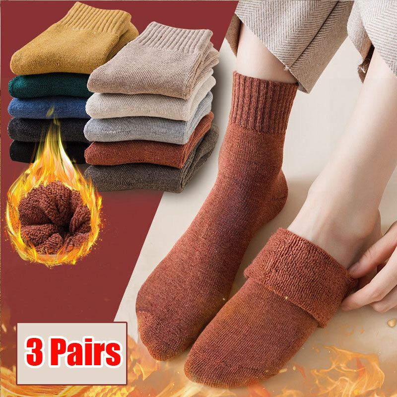 3 Pairs New Winter Women Socks Warm Thicken Thermal Socks Soft Casual Solid Socks Terry socks Home Snow Boots Floor Sock 35-40