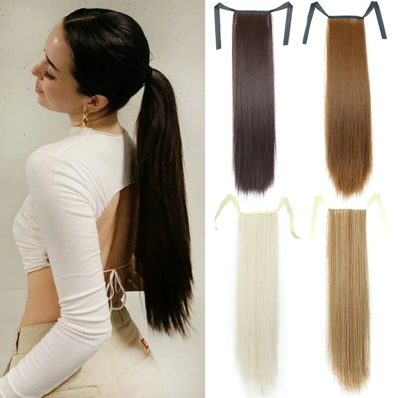45-85cm Synthetic Long Straight Ribbon Fake Ponytails Clip on Hair Tail Extensions Strap ponytail Hair Pieces With Hairpins