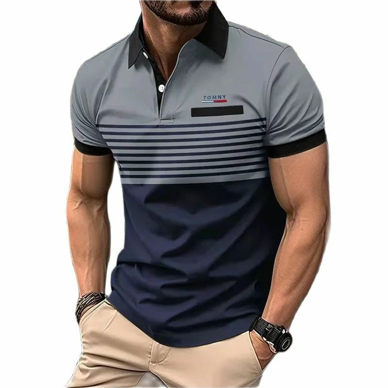 Camisa polo de manga curta masculina, camiseta estampada casual, verão, nova