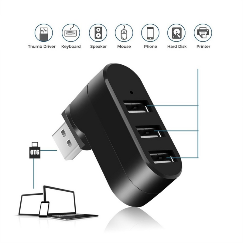 PzzPss-Mini HUB USB 2,0 con 3 puertos, adaptador divisor giratorio de alta velocidad para portátil, Notebook, PC, Accesorios de ordenador