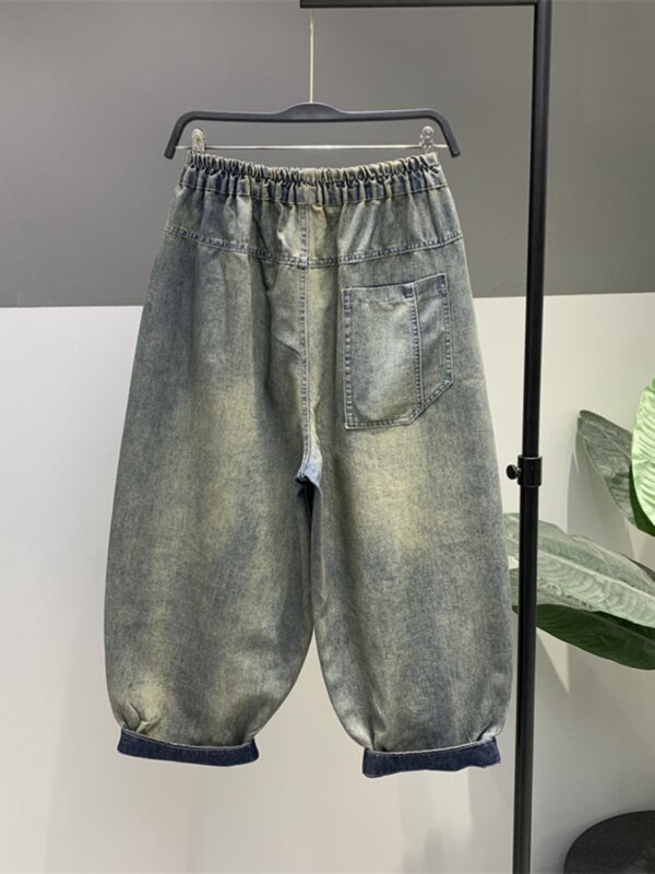 Lavato Distressed Patch contrasto colore ricamo Denim Harem pantaloni donna All-Match Jeans larghi larghi papà pantaloni larghi
