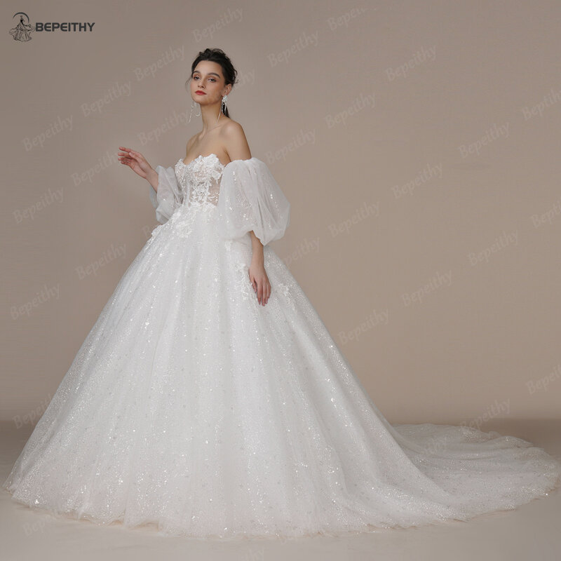 BEPEITHY-vestidos de novia sin tirantes con purpurina de marfil para mujer, vestido de novia romántico brillante, tren de corte, flor 3D, 2023
