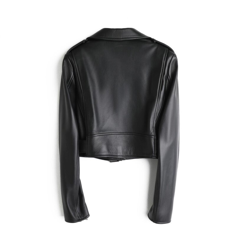 용수철 및 가을용 진짜 가죽 재킷, 여성용 최고 레이어 양가죽 짧은 재킷, 블랙 오토바이 가죽, 2024