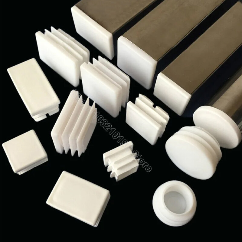 Plástico branco tampão de extremidade anulando, tubo insere plugues, mesa pés pad, retângulo ou quadrado, tubo Bung, 10x20mm a 200mm