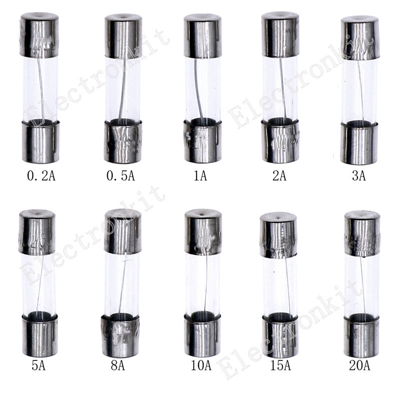 100Pcs 5x20mm 0.2A-20A Quick Blow Glass Tube Fuse Assorted Kit Fast-blow Glass Fuses