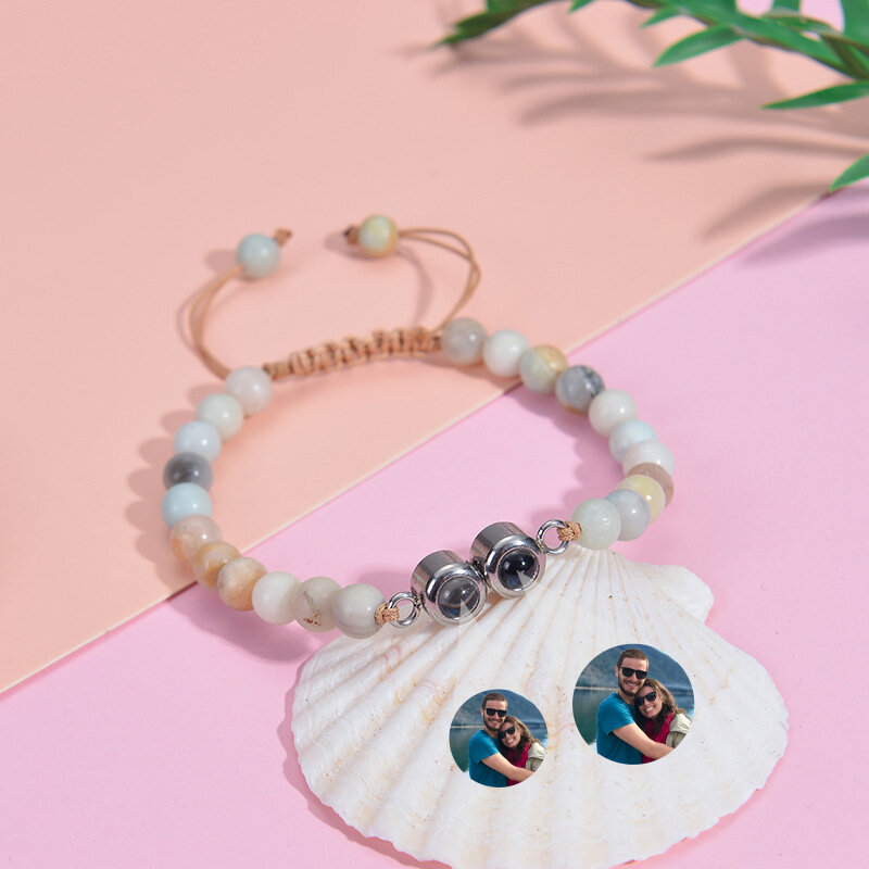 Braccialetto di proiezione fotografica personalizzato nuovo braccialetto personalizzato con due foto bracciale in pietra naturale pendente in acciaio inossidabile regalo di famiglia