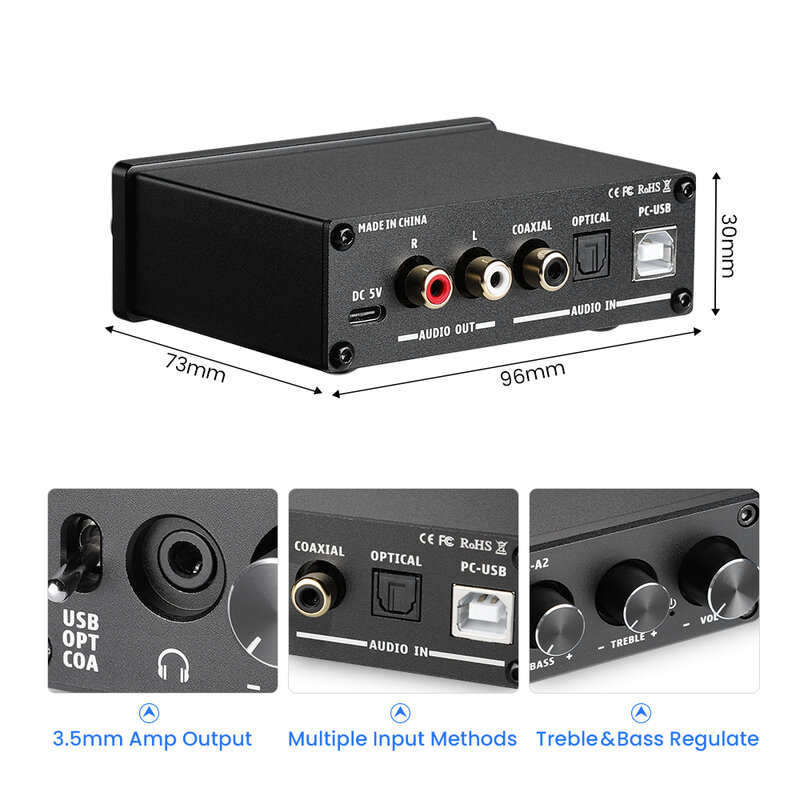 Цифровой аудио декодер, Hi-Fi 2,0, 24 бит, 96 кГц, вход USB/коаксиальный/оптический выход