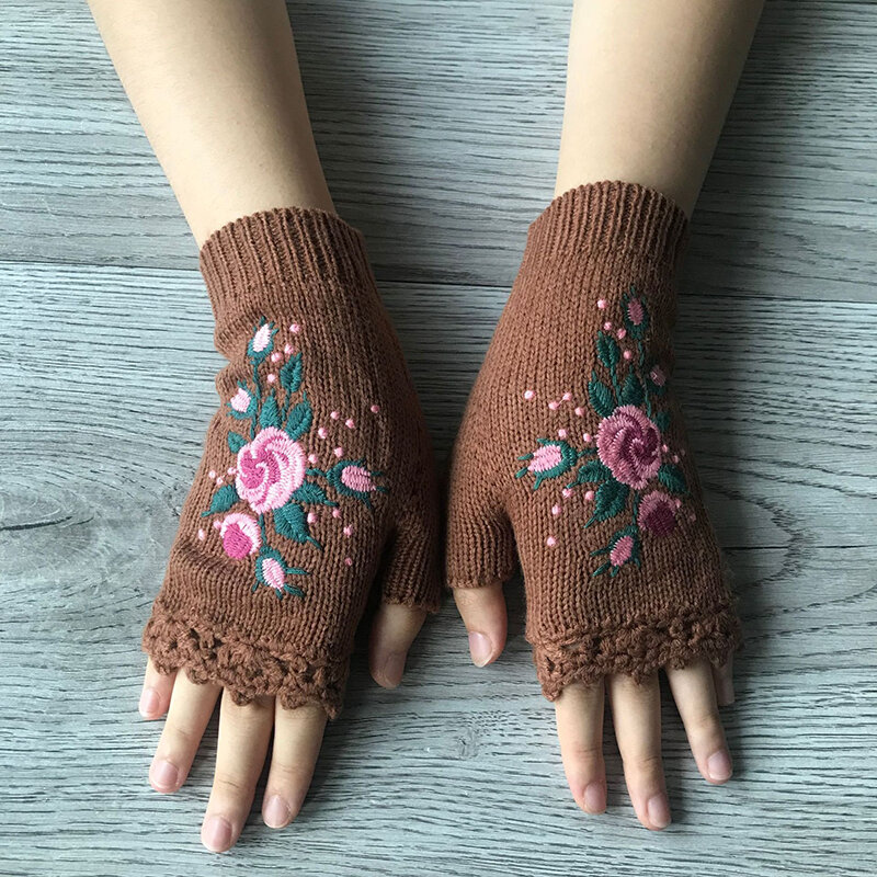 Fingerless Floral Bee Embroidery Thumbhole Mittens Winter Knitted Gloves for Women Outdoor Warm Woolen Gloves