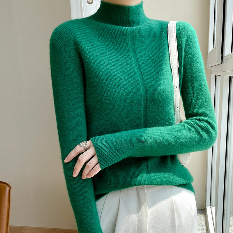 Suéter clásico ajustado de lana con Cuello medio alto para mujer, suéter de temperamento para Otoño e Invierno