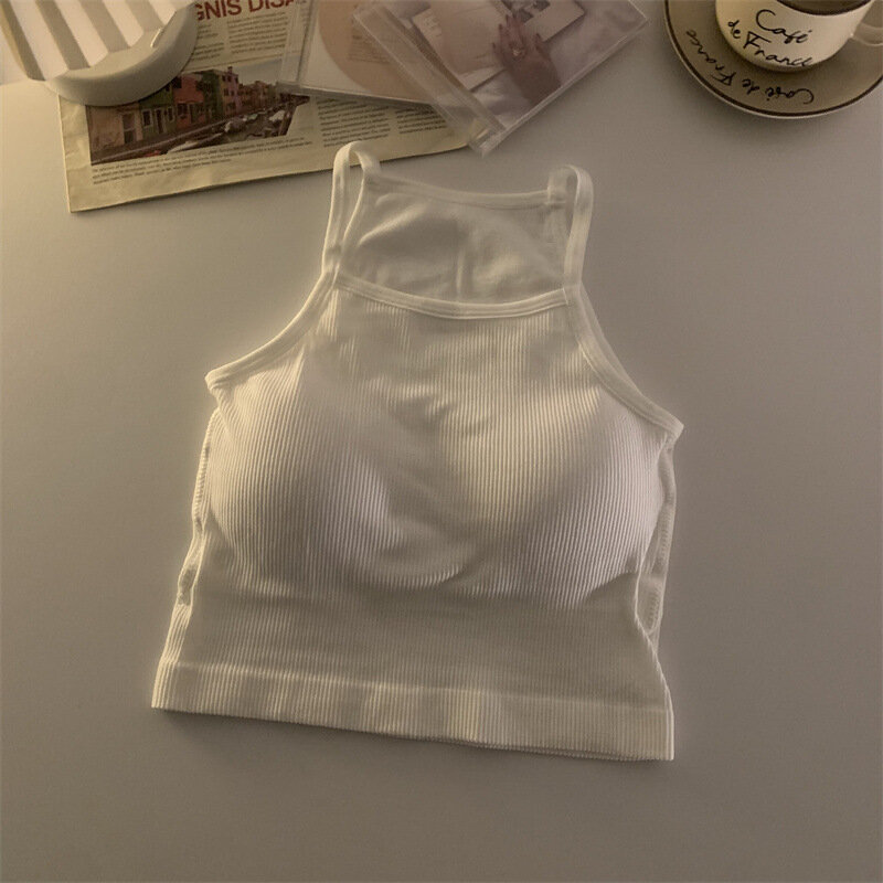 Camiseta sin mangas para mujer, Top corto informal con almohadilla en el pecho, a rayas, ropa exterior básica, versión coreana
