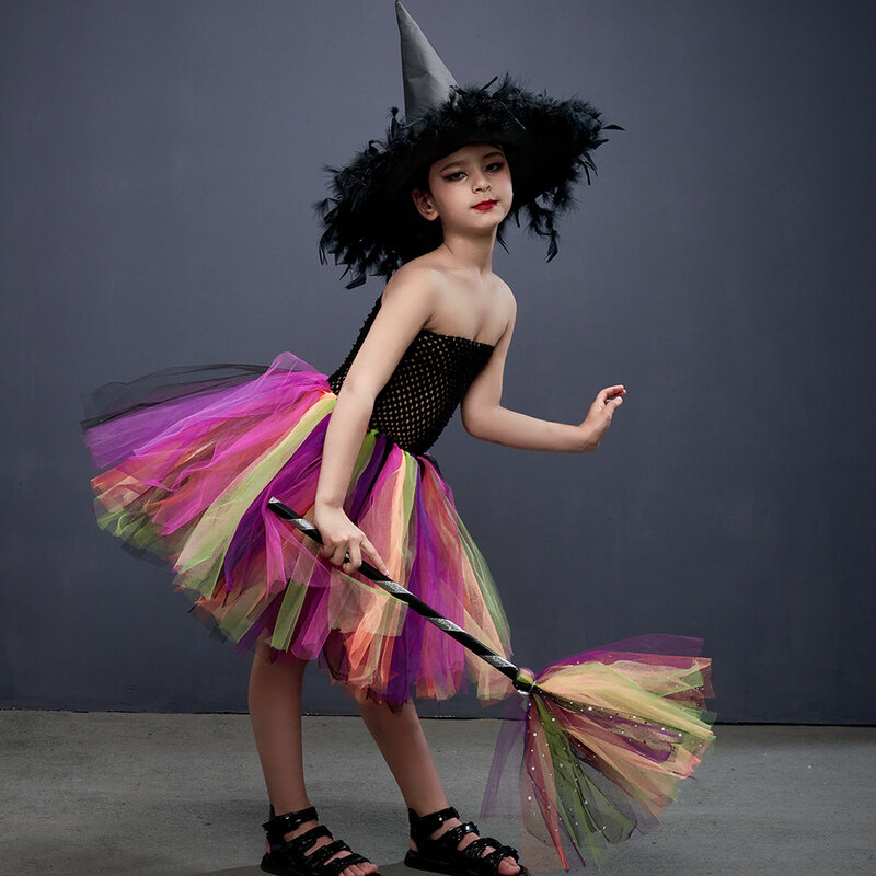 Vestido de baile de malha sem alças para meninas, crianças Tutu Dress, Kids Performance, Christmas Party, Feather Witch Hat, Halloween Cosplay