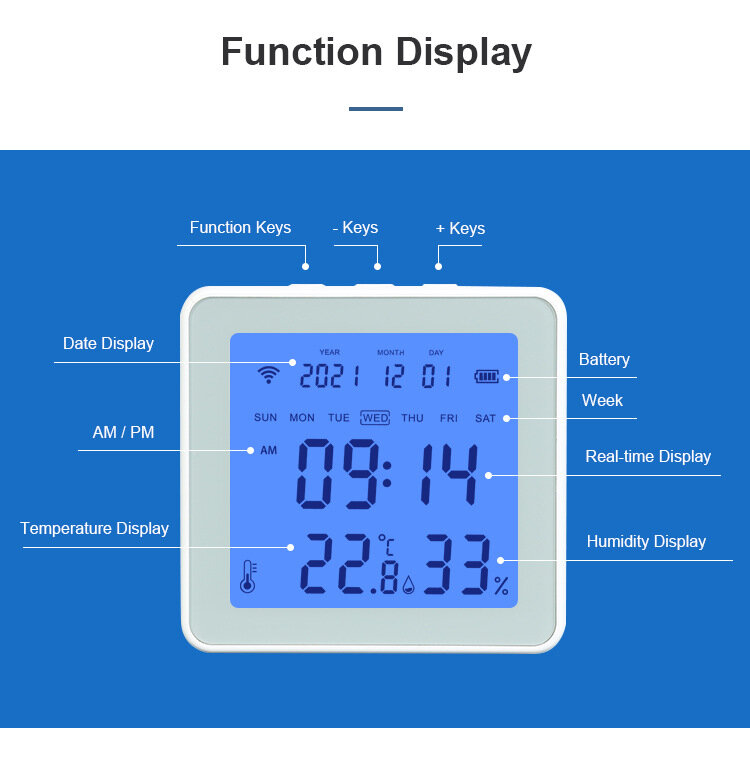 Zigbee-ワイヤレス温度および湿度センサー、アラーム時計、バックライト、リモートモニタリング、湿度計
