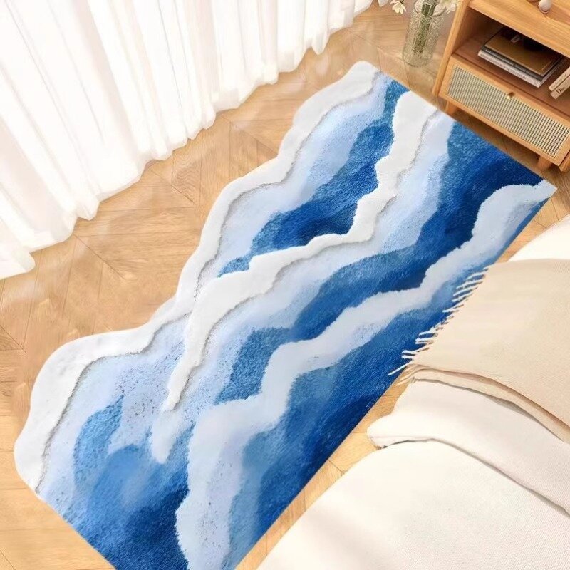 Flocagem anti-derrapante azul mar adornado tapete, tapete estético onda para banheiro, decoração da casa, kid room, cabeceira tapete, alta qualidade