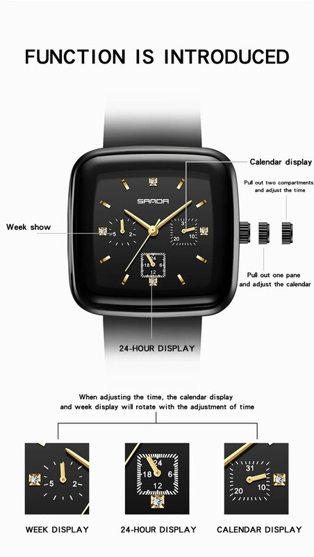 Sanda-relógio de quartzo de silicone quadrado para homens e mulheres, seis agulhas, criativo, personalizado, nova moda, 1112