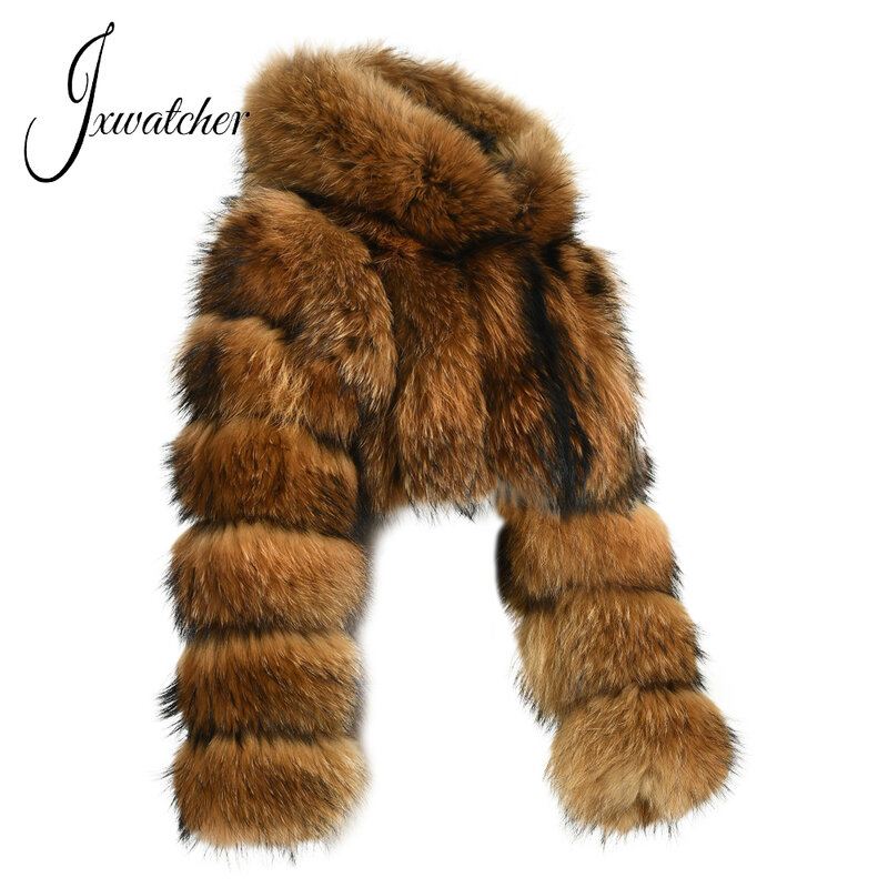 Jxwater-女性用の本物のアライグマの毛皮のコート,秋冬のファッション,短い毛皮のジャケット,女性用のフルスリーブの暖かい服