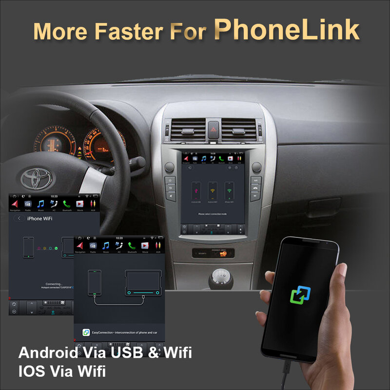 Autoradio Android 9.0, navigation GPS, lecteur multimédia stéréo, Style Tesla, pour voiture TOYOTA Corolla (2007 – 2012)