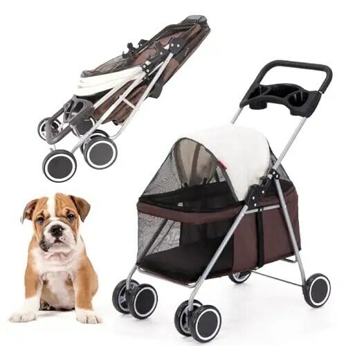 4 Wheels Posh Foldable Pet Stroller for Medium Small Dogs/Cats, Easy Fold, Waterproof Portable Dog Cat Stroller for Travel