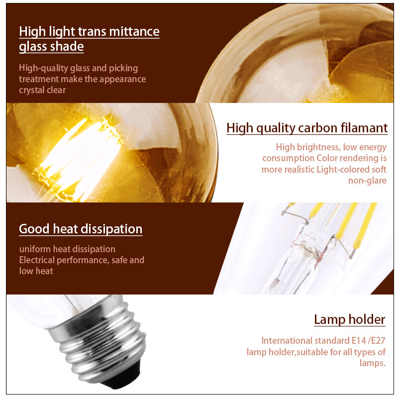 Ampoule LED rétro Edison E14, lampe COB vintage à filament de verre, AC 220V, 2W, 4W, 6W, 8W, C35, G45, A60, ST64, G80, G95, G125