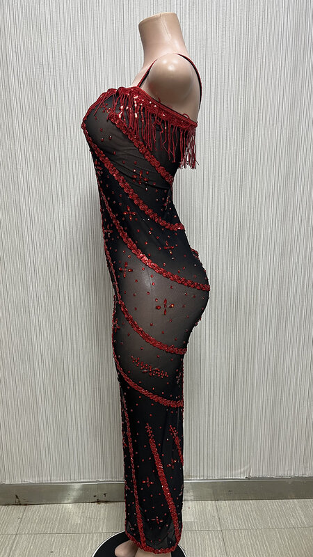 Customized Strap Rhinestone Lace High Elastic Sequins Ransparent Sexy Tight Dress Birthday Party  Dress Performance Longuette