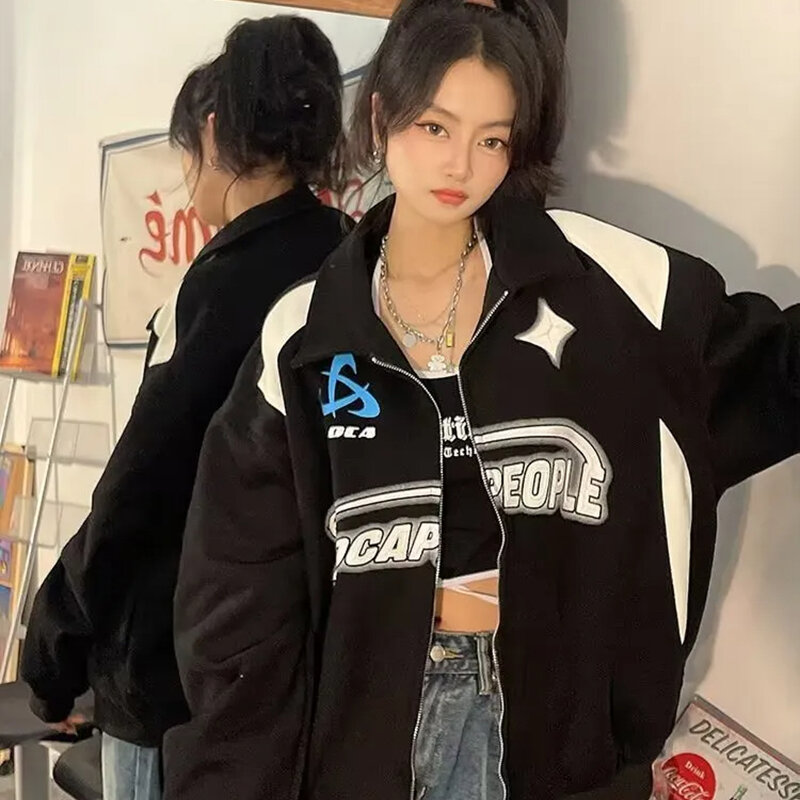 2023 Vintage Oversized Women Sweatshirts Grunge Y2k Korean Streetwear Black White Zip Up Hoodies Female Hip Hop Fashion Tops