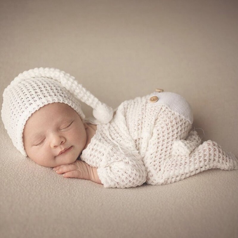 2 個新生児の写真の小道具かぎ針編みの衣装ベビーロンパース帽子セット幼児写真撮影ビーニーキャップジャンプスーツボディスーツ