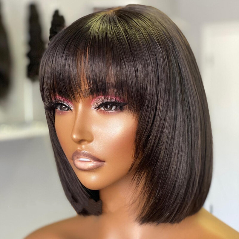 Brazilian Human Hair Wig with Bangs Remy Straight Hair Bob Wigs Full Machine Made Wig for Women 8-16 Inches No Lace Bob Wigs