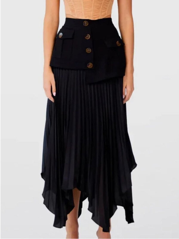 UCXQ Elegant Irregular Chiffon Patchwork Skirt Solid Color All Match Folds Pocket Mid Length Skirts Women 2024 Spring Summer 448