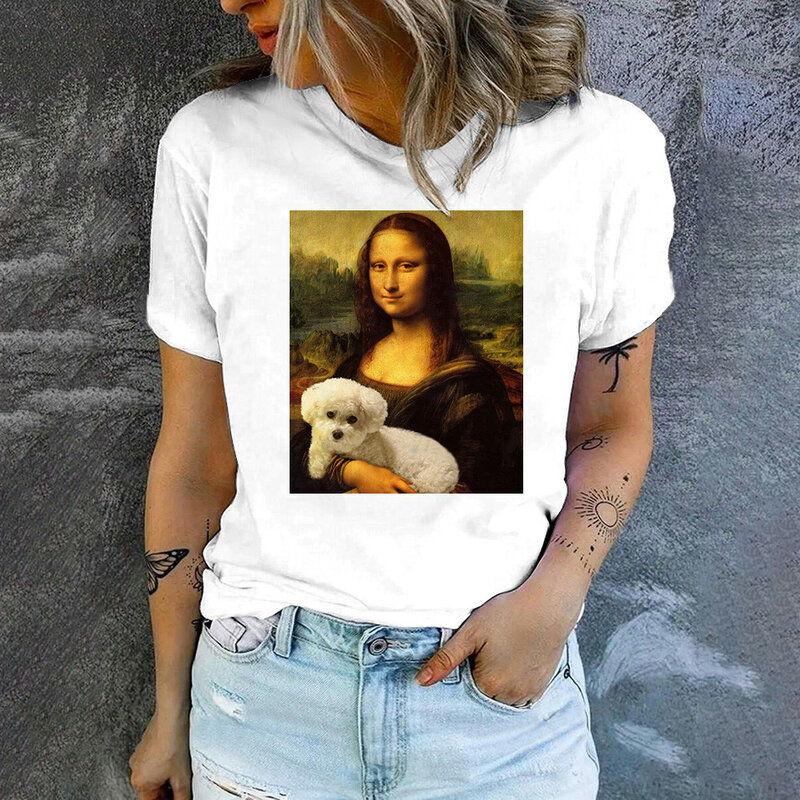 Camiseta de Mona Lisa para mujer, remera con estampado de Humor divertido, camisetas holgadas informales de manga corta con cuello redondo para mujer 2024