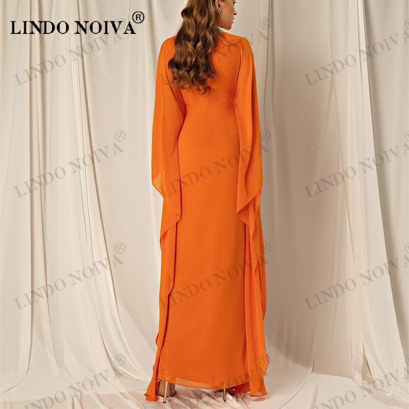 LINDO NOIVA 여성용 빈티지 V넥 시폰 이브닝 드레스, 소매 포함, 긴 시스 오렌지 발목 길이 무도회 드레스, 2023